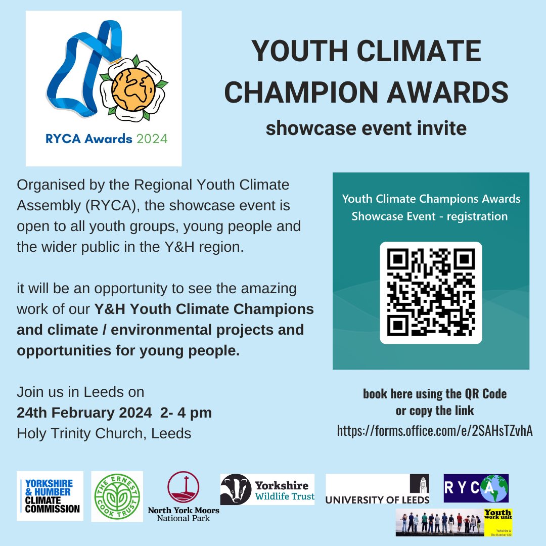 Be sure to add Sat 24 Feb to your diary for the @ryca Youth Climate Champion Awards Showcase event in #Leeds! Find out about the young people taking #ClimateAction across our region, and support them and their initiatives from schools and youth groups to enterprising individuals.