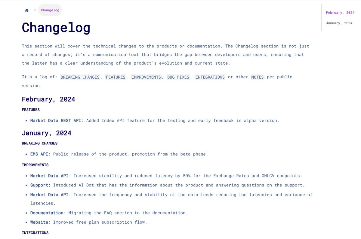 realCoinAPI's tweet image. 🚀 Excited to showcase our new Changelog section at #CoinAPI A real-time glimpse into the evolution of our products.

✅ Breaking Changes
✅ New Features
✅ Improvements
✅ Bug Fixes
✅ Integrations
✅ Notes

Visit docs.coinapi.io/changelog/