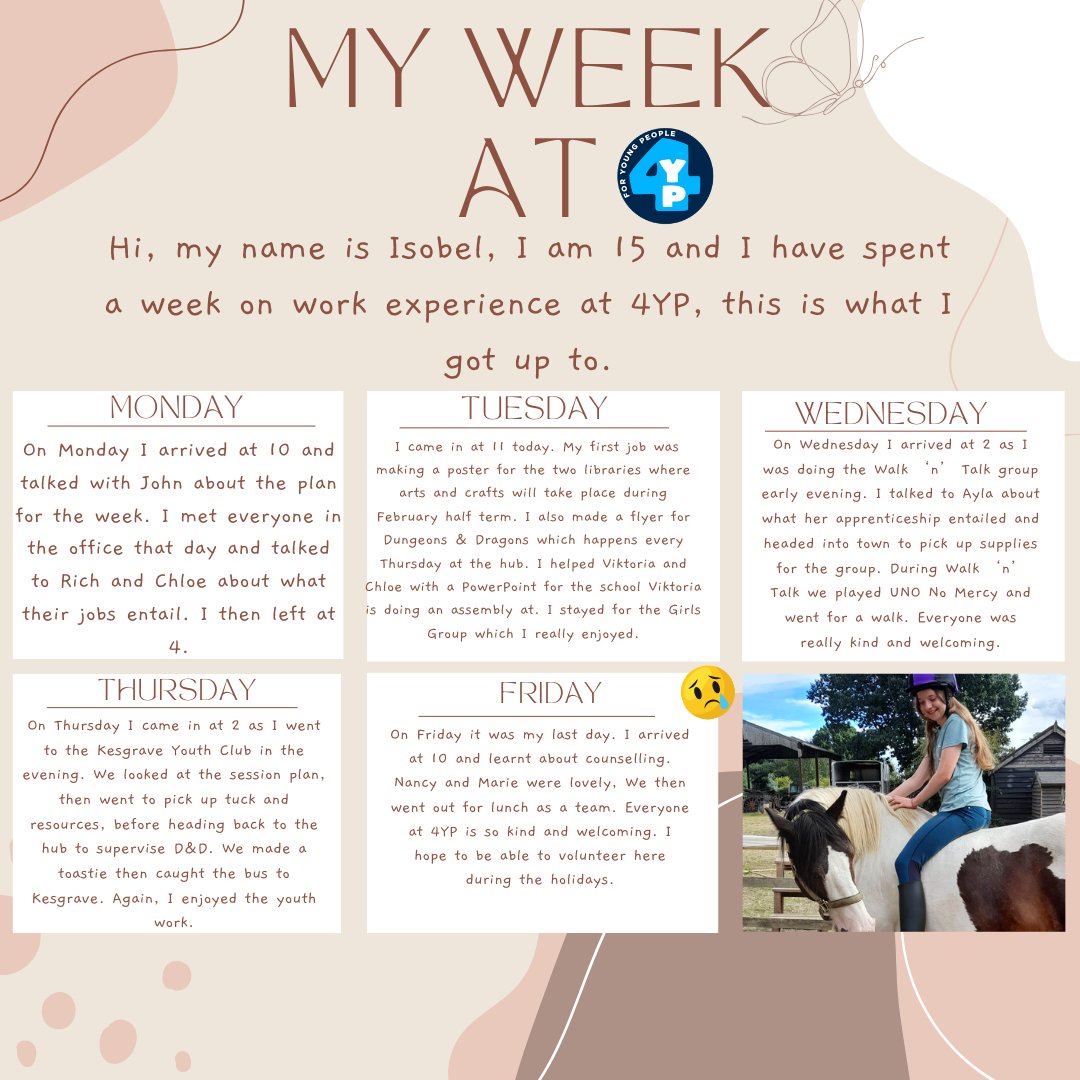 At <a href="/4_yp/">4YP</a>  we love hosting work experience placements. The amazing Isobel recently spent a week with us and wanted to share her story with you all. Nurturing the next generation of counsellors and practitioners to work with children and young people is at the heart of our ethos.