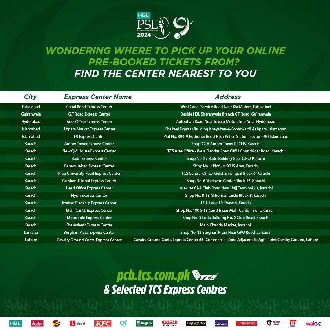 PSL9_t20's tweet photo. If you’re wondering 🤔 where to pick up your online pre-booked tickets… find the nearest 🔍 centre to you 

🎟️ Pre-book your tickets here: https://t.co/20IWebbKtJ 

#HBLPSL9 #KhulKeKhel https://t.co/r5FsxBUDKY