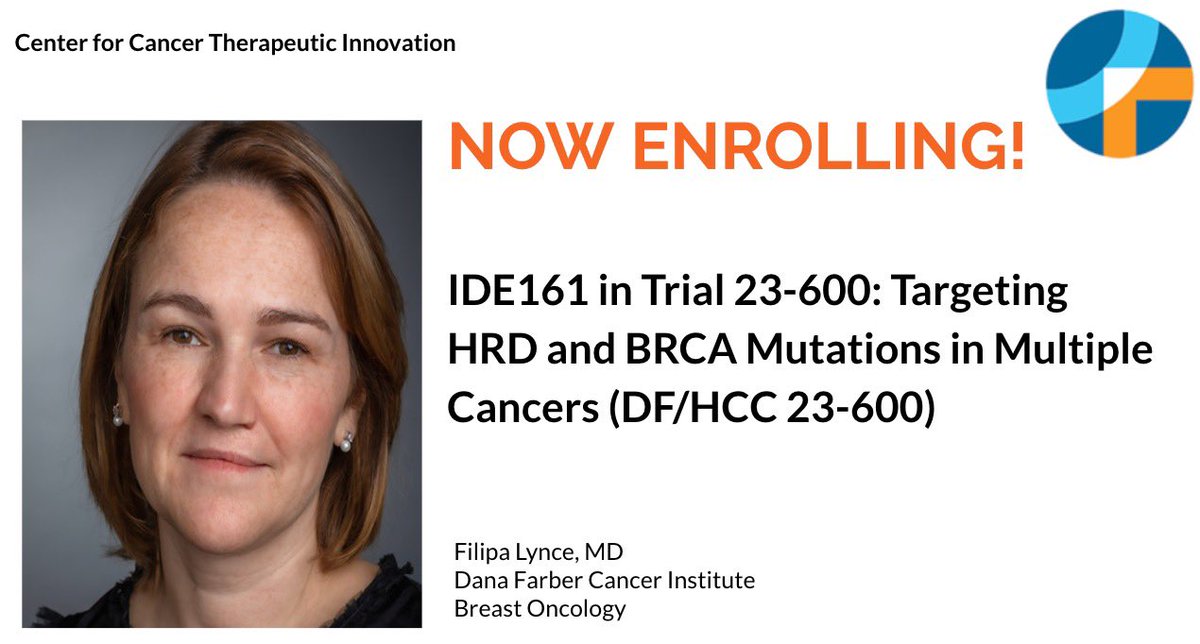 For #trialtuesday, #CCTI_DFCI presents new trial 23-600 led by @FilipaLynce. IDE161, a PARG inhibitor, targets HRD and BRCA mutations in ER+ breast, endometrial, colorectal, and head and neck with these mutations. Different from PARPi. @DanaFarber 
Visit: forms.office.com/r/kM7e6JVxre