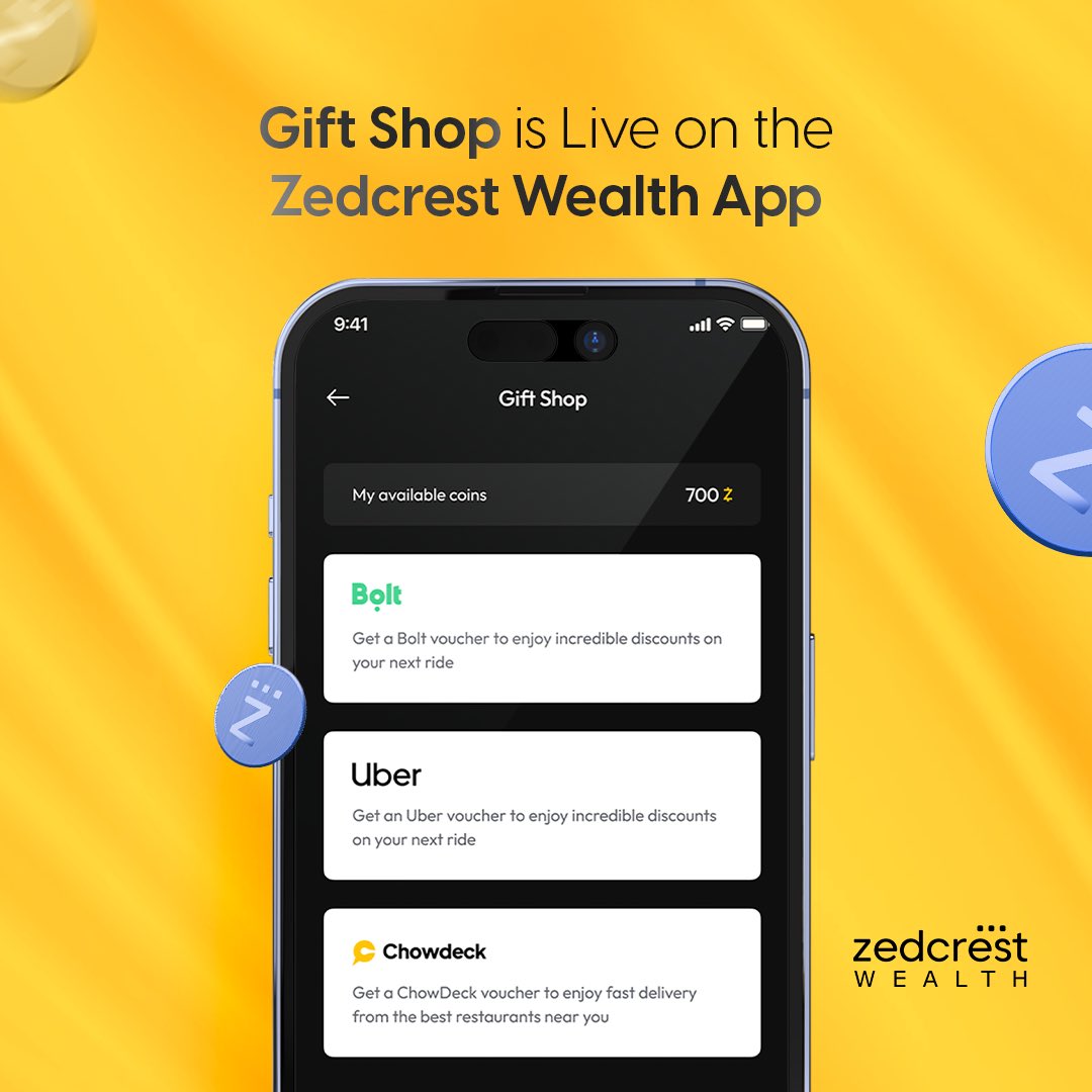 ZedcrestWealth's tweet photo. Visit the Giftshop on the app and convert Zedcoins into vouchers for rides and meals from @boltapp @Uber and @chowdeck
Also, you can easily share vouchers with your friends, and they can reciprocate.
Happy shopping! π€
#ZedcrestWealth #Workwithmoney https://t.co/qJqKRdokTy