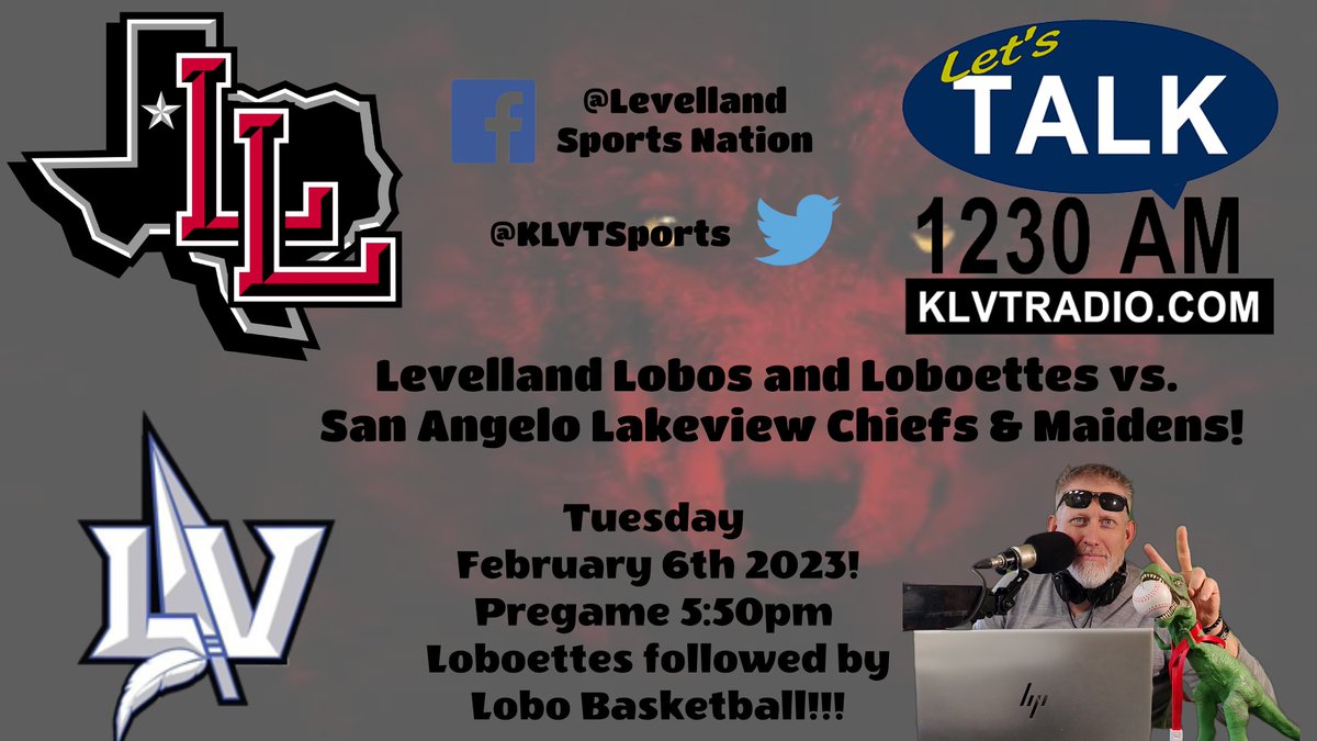 <a href="/LLoboettes/">Levelland Loboettes</a> and <a href="/LoboHoops/">Levelland Lobo Hoops</a> LIVE TONIGHT KLVT AM1230, KLVTRadio.com and on Levelland Sports Nation on Facebook!  Levelland vs SA Lakeview!  #KLVTSports #LoboetteEdge #StriveforGreatness #OnePack #ExpectExellence <a href="/LevellandISD/">Levelland ISD</a> <a href="/LLHS_Athletics/">Levelland Athletics</a> <a href="/pchristy11/">Pete Christy</a> @LoneStarVarsity