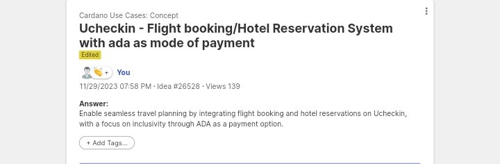 dukepeter_'s tweet photo. @InputOutputHK We're creating a travel platform that streamlines booking flights and hotels, prioritizing inclusivity by accepting ADA as payment. Our goal is to simplify travel planning and enhance financial accessibility within the Cardano community.

🎯Keyword:🎯
"Ucheckin"

Please vote us https://t.co/iye3FePRkZ