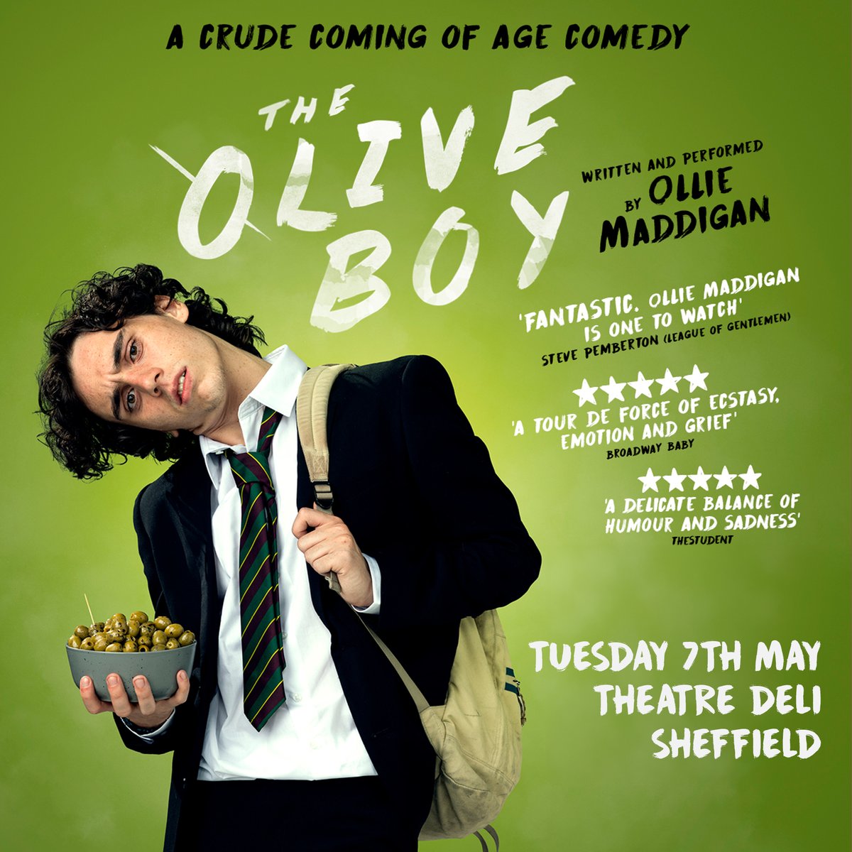 New Show Announcement 🚨 Join us at @theatredelishef for The Olive Boy, a gripping comedy that explores themes of love, grief, identity and societal expectations, written and performed by the remarkable Ollie Maddigan! Tickets on sale right now: leadmill.co.uk/event/olive-bo…