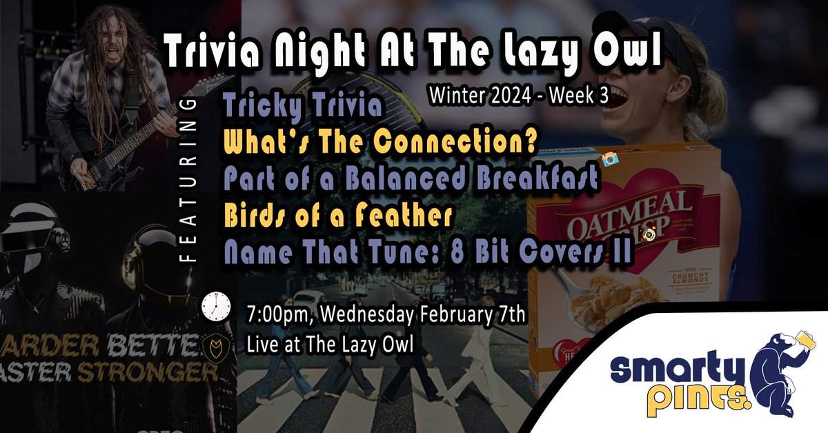 MrSmartyPints's tweet image. Don't miss week three at @lazyowlyqr  this Wednesday! 

We've got a perfectly balanced set of rounds featuring breakfast cereals, tricky trivia, connections, and 8 bit covers. Sadly though, round 4 doesn't actually contain any birds :(

Cya at 7:00pm!

Free Answer: News Anchors