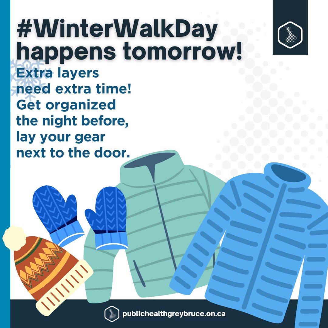 #WinterWalkDay happens tomorrow!

Stay safe on your walk by:

✅ Dressing for the weather: jacket, hat, mitts, waterproof boots.
✅ Giving yourself extra time for getting ready and taking the time to walk.
✅ Staying aware of vehicle traffic, especially in slippery conditions.