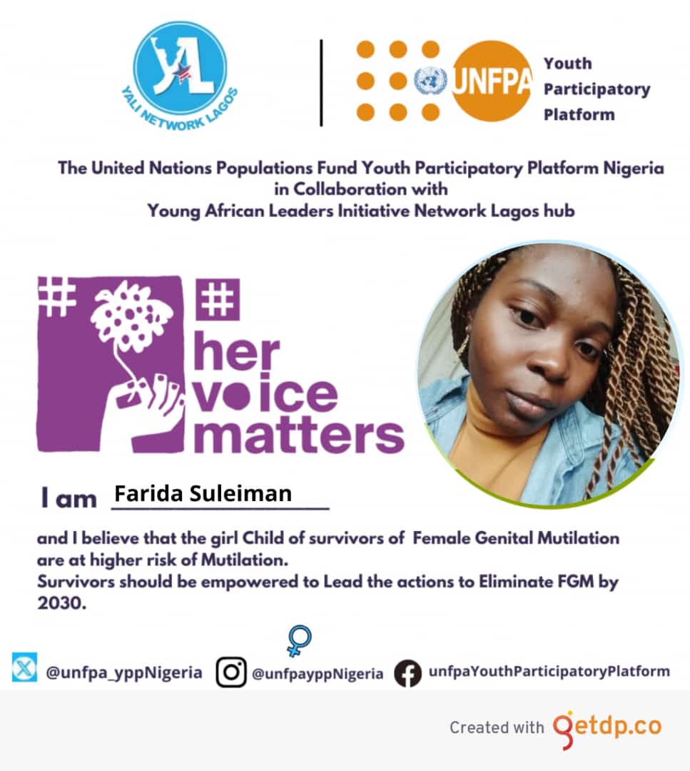 Today is international Day of ending Female Genital mutilation 
Join in lending your voice against harmful practices that continues to widen the chokehold of inequalities and discrimination.

#hervoicematters 
#EndFGM
#yalinetworklagos 
#endfgm2030
#unfpayppNG
<a href="/yalinetworklag/">YALI Network Lagos</a>