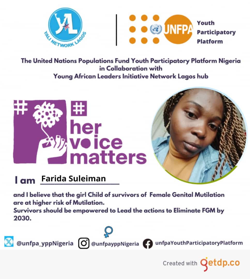 Today is international Day of ending Female Genital mutilation 
Join in lending your voice against harmful practices that continues to widen the chokehold of inequalities and discrimination.

#hervoicematters 
#EndFGM
#yalinetworklagos 
#endfgm2030
#unfpayppNG
@yalinetworklag