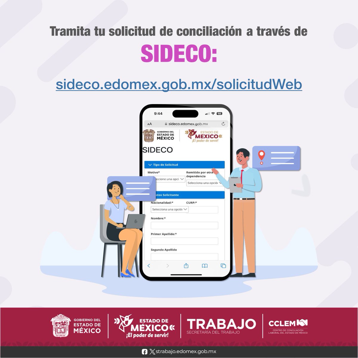 En el #CCLEM es sencillo solicitar tu cita de #conciliación a través de nuestra plataforma #SIDECO: sideco.edomex.gob.mx/solicitudWeb. Al terminar, recibirás en tu correo electrónico la información para la celebración de tu audiencia. Todos nuestros servicios son #gratuitos.