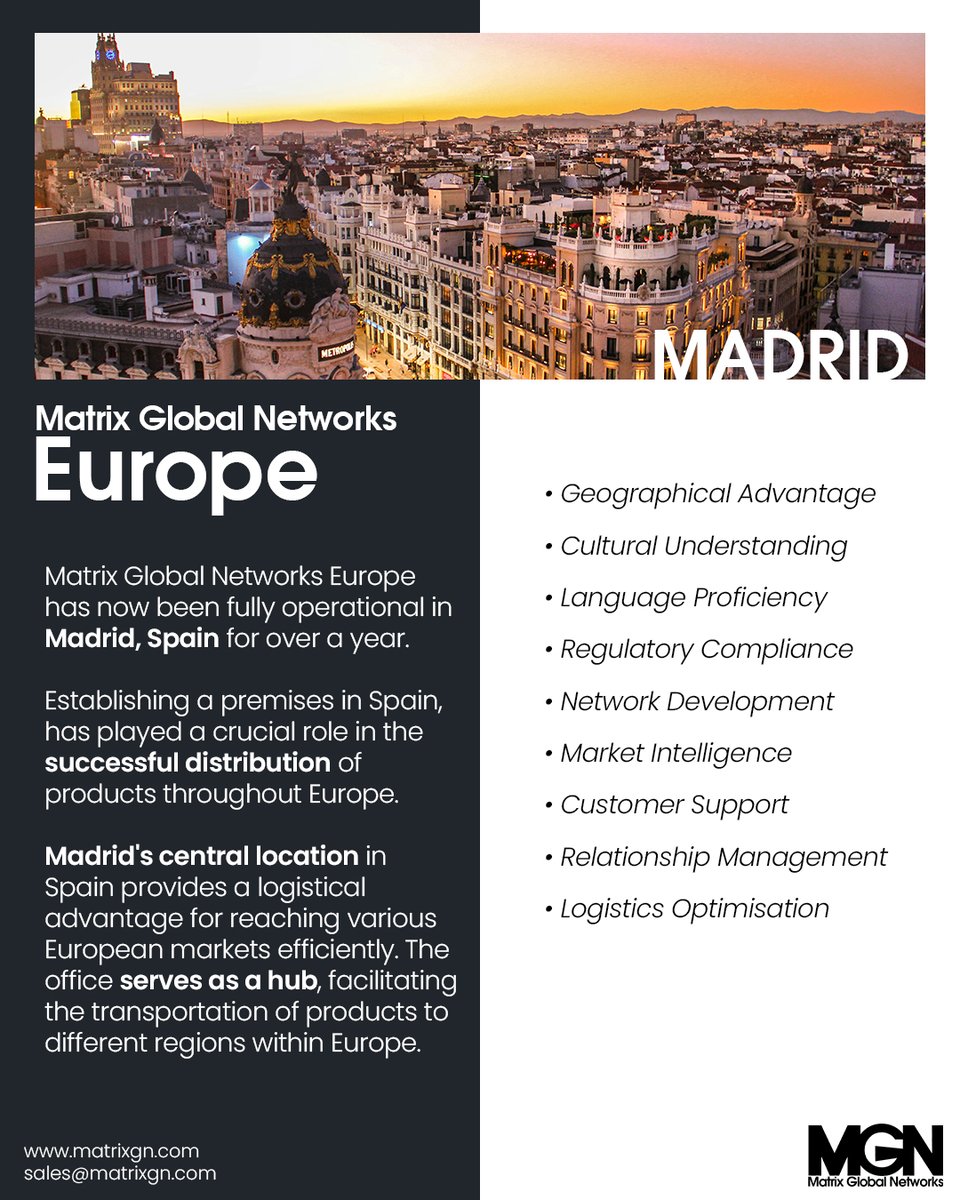 🇪🇸 Matrix Global Networks Europe
📍 Centrally located in Madrid, Spain
✅ The sales office and warehouse serve as a hub, streamlining our logistics in Europe

#fiberoptics #europe #fibreoptics