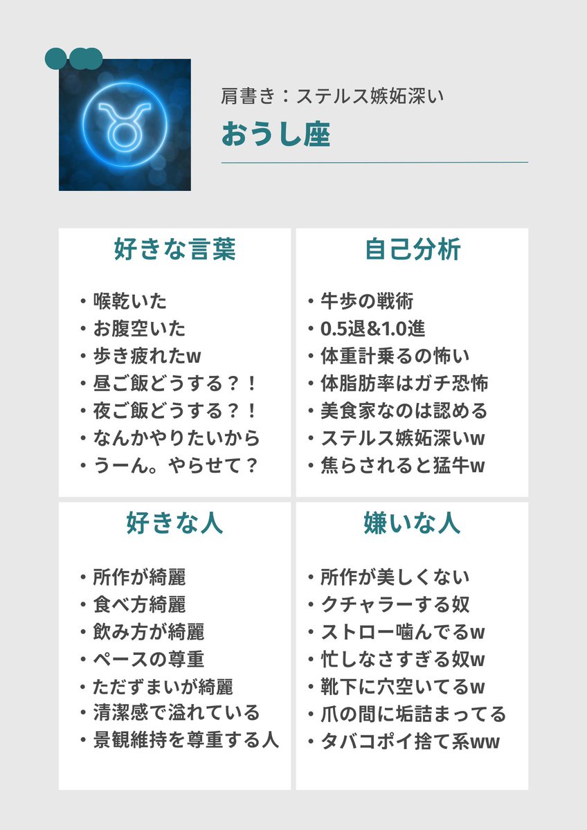 【牡牛座さんの自己紹介カード】 「うーん。やらせて？」 これは、牡牛座さんの特殊スキル。 「やったら、なんかできちゃった♡」 実践派の牡牛座さんが持つ、特殊スキルw