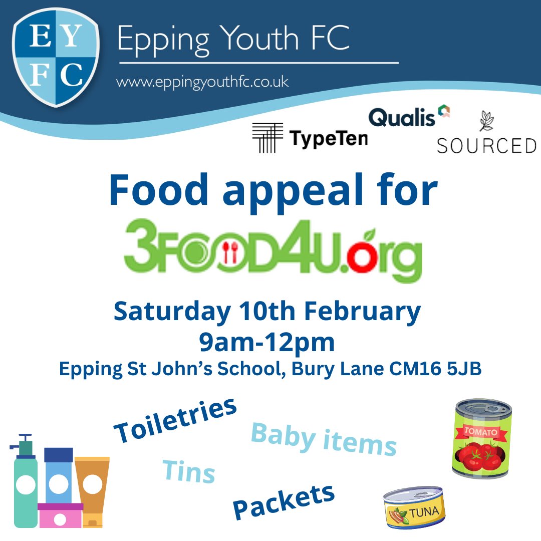 We are delighted to welcome <a href="/3food4u/">3food4u</a> to our Academy this Saturday, where they will be collecting non-perishables to distribute to those in need. Please support this appeal by donating items such as:
🥫Tins
🪥Toiletries 
👶 Baby items

Thank you for your support ⚽️

#eppingyouth