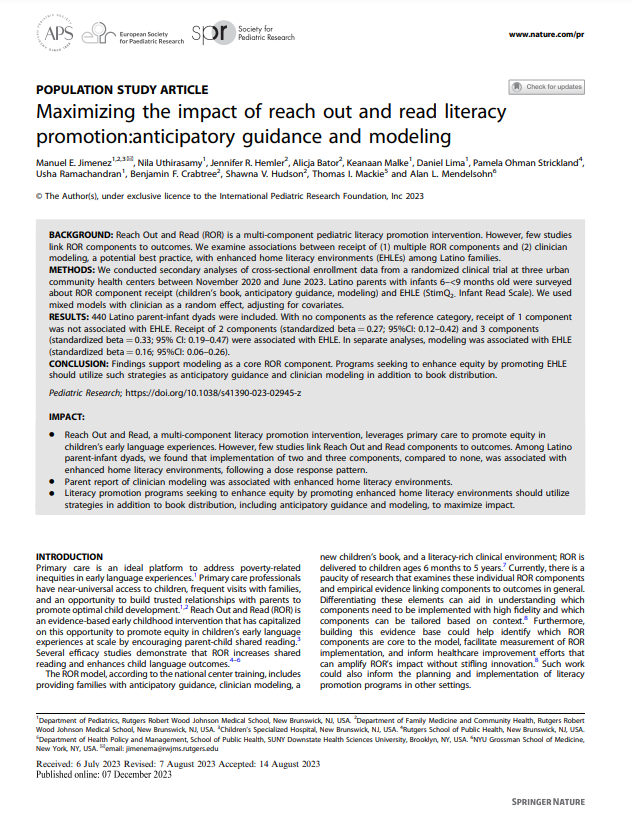New research examines the impact of the Reach Out and Read model — success takes more than just a book. Read the full paper in Pediatric Research: bit.ly/RORImpactResea…