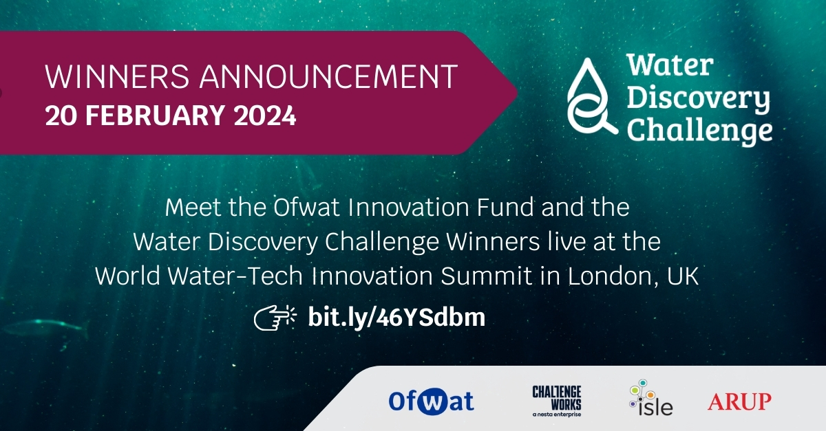 💧Two weeks to go💧 Our #WaterDiscoveryChallenge winners have created bold and novel innovations which aspire to resolve many of the biggest challenges our water supply faces. Meet them at the #WorldWaterTech Innovation Summit in London: bit.ly/3OrXRfL