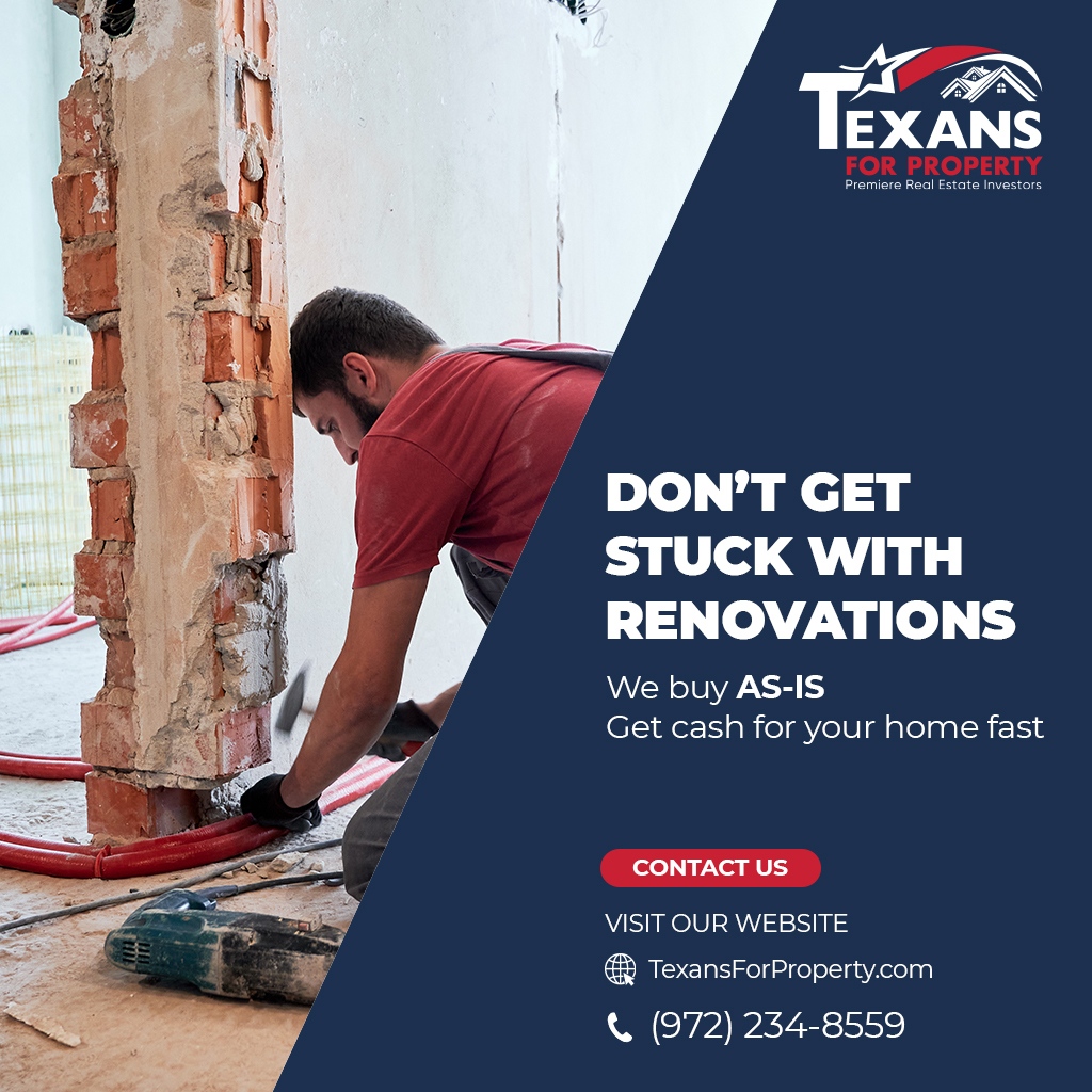 Texans4Property's tweet photo. Renovations can be a burden, especially when facing financial stress. 

But worry not, Texans For Property buys homes AS-IS, so you can avoid the costly renovations. Contact us today! ✨

https://t.co/9OfbMna97x

#RealEstateExperts #RealEstateTexas #DallasTexas #Texas #Dallas https://t.co/11tlDqClRH