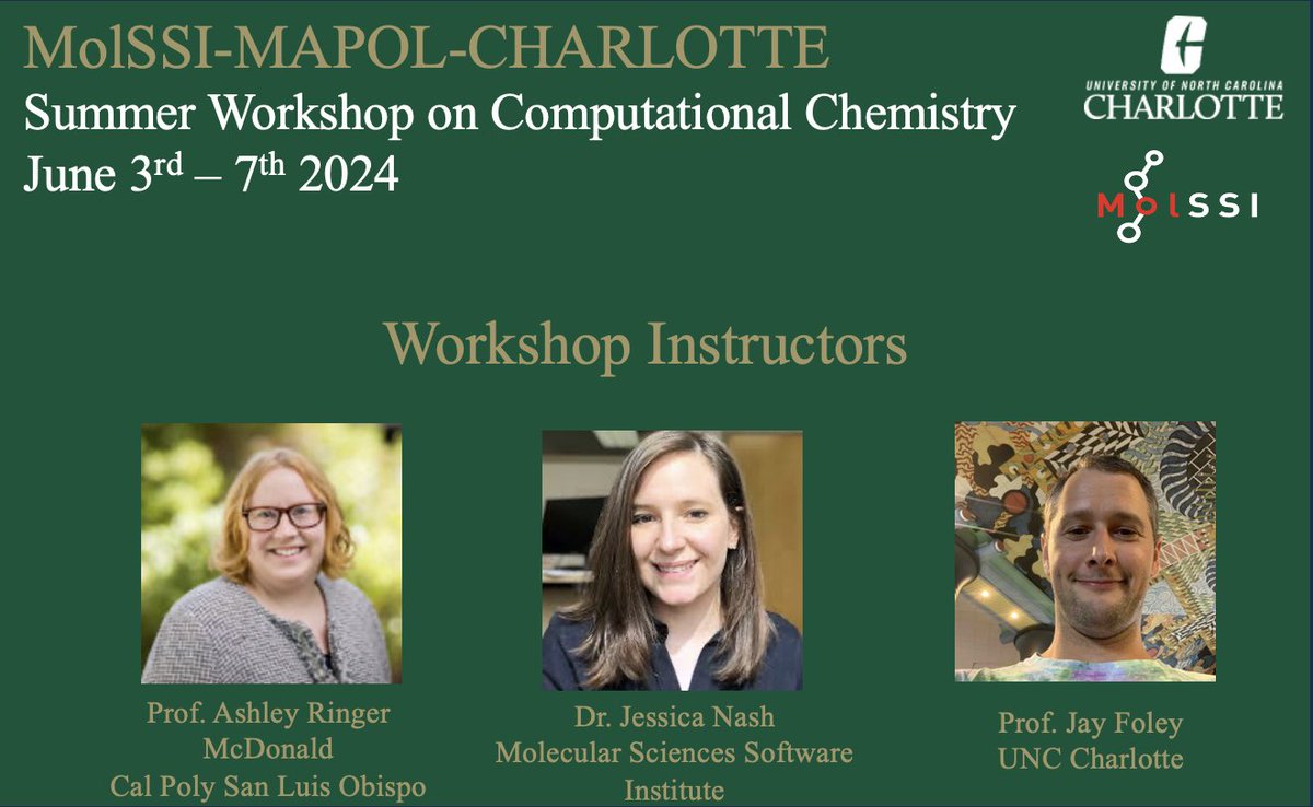 Jay Foley (@foley_lab) on Twitter photo We are pleased to announce a FREE workshop on #compchem and light-matter interactions  with <a href="/MolSSI_NSF/">MolSSI</a> and our <a href="/doescience/">DOE Office of Science</a> CCS team from June 3-7! No programming experience needed!  For more information and to apply, please visit pages.charlotte.edu/molssi-mapol-w… We are pleased to announce a FREE workshop on #compchem and light-matter interactions  with <a href="/MolSSI_NSF/">MolSSI</a> and our <a href="/doescience/">DOE Office of Science</a> CCS team from June 3-7! No programming experience needed!  For more information and to apply, please visit pages.charlotte.edu/molssi-mapol-w…