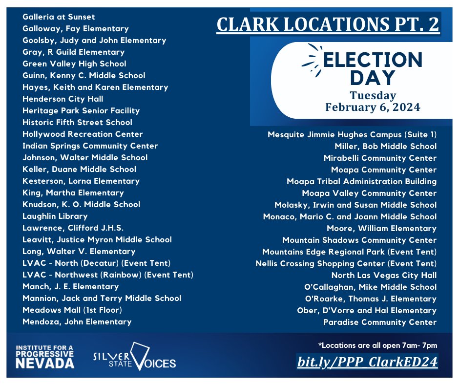 SSV_NV's tweet photo. The day we've all been waiting for is finally here: #ElectionDay! All polling locations are open until 7pm today! Clark County has 127 polling locations, find the closest one to you: 

Clark Locations: https://t.co/bWdjbFlxtX

#NVPPP2024 #PresidentialPreferencePrimary https://t.co/z3wu7hngBK