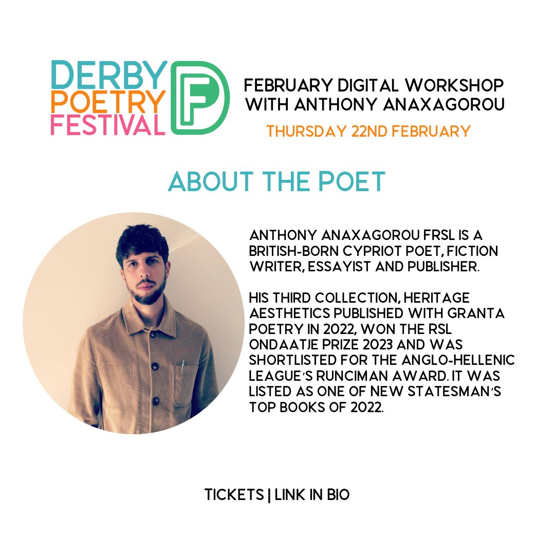 We're hosting monthly digital workshops between Feb & Sept 2024

February's Workshop is with Anthony Anaxagorou, where you'll explore the 'Poet as Witness Poem as Voice'

Join us on Thursday 22nd February, at 6:30pm

linktr.ee/derbypoetryfes…

#derbypoetryfestival #digitalworkshop