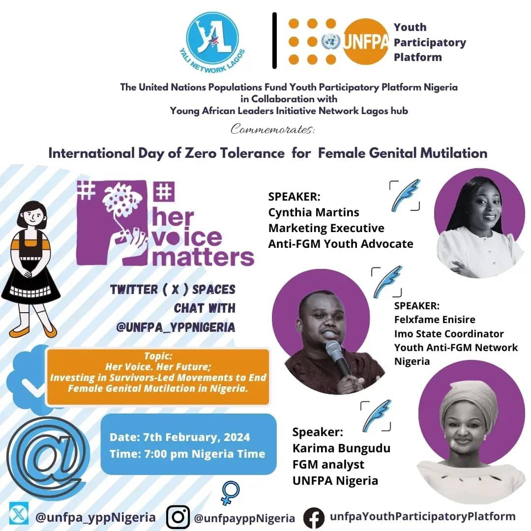 Ending Female Genital Mutilation begins with a NO! A NO begins with knowing what is wrong and what is right. 

Join the conversation tomorrow

#Yalinetworklagos #endfgm2030 #endviolenceagainstwomenandgirls
#unfpanigeria

@UnfpaYPPNigeria @unfpanigeria  @unfpa