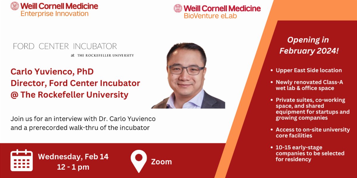 Join Dr. @CarloYuvienco, founding director of the Ford Center Incubator @RockefellerUniv for a discussion on how the center’s laboratory amenities and service offerings support life science startups from the Upper East Side ecosystem. tinyurl.com/2p9k6rtu