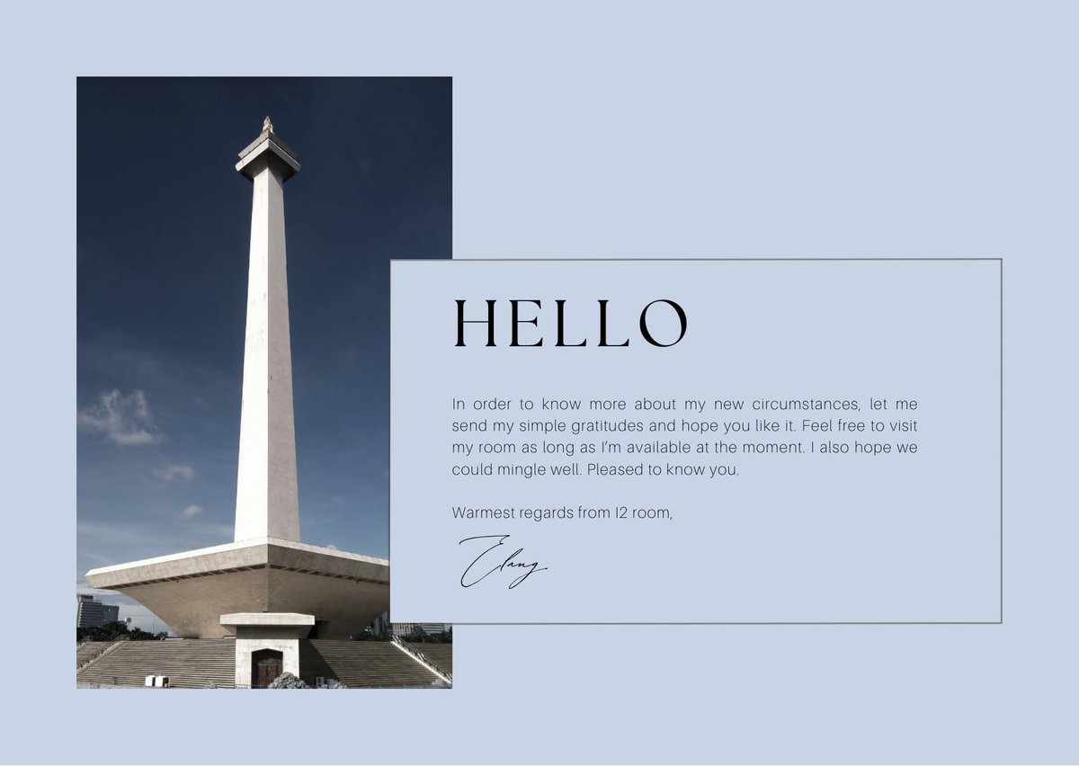 ⠀
Dalam rangka untuk mengenal lingkungan baru dengan lebih baik, karena tak kenal maka tak sayang. Elang menyelipkan sebuah tas di masing-masing pintu baik di sharehouse maupun tetangga. Terdapat suvenir sederhana darinya untuk teman baru selagi berada di lingkup yang sama.
⠀