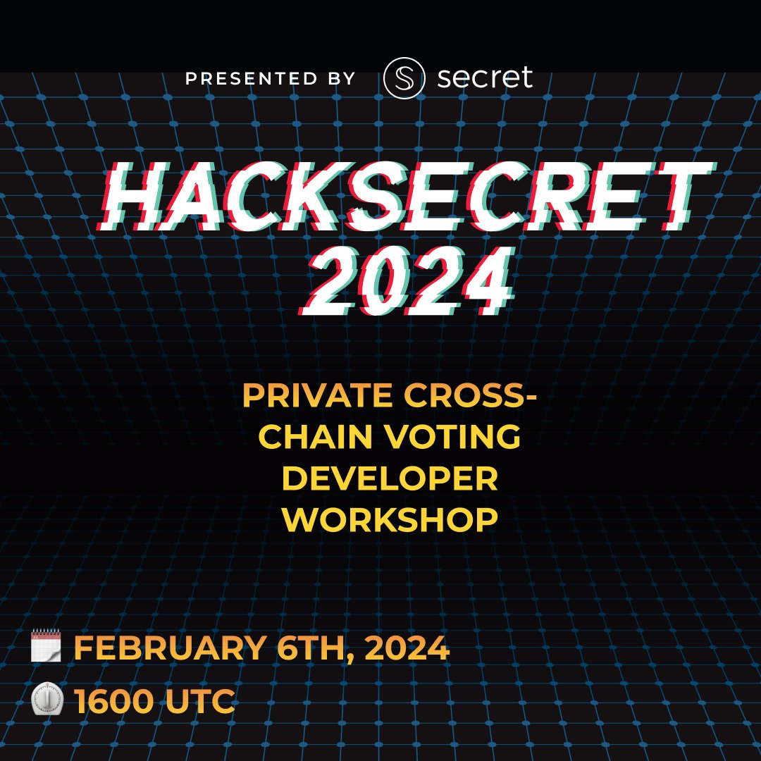 SecretNetwork's tweet photo. 📢Our first #DevWorkshop for #HackSecret2024 is kicking off in 1 hour! 

Learn how to code private cross-chain voting on public blockchains by using $SCRT "Privacy as a Service" 🏗️

Join here: https://t.co/8t4cJBSDtY https://t.co/84olYPu435