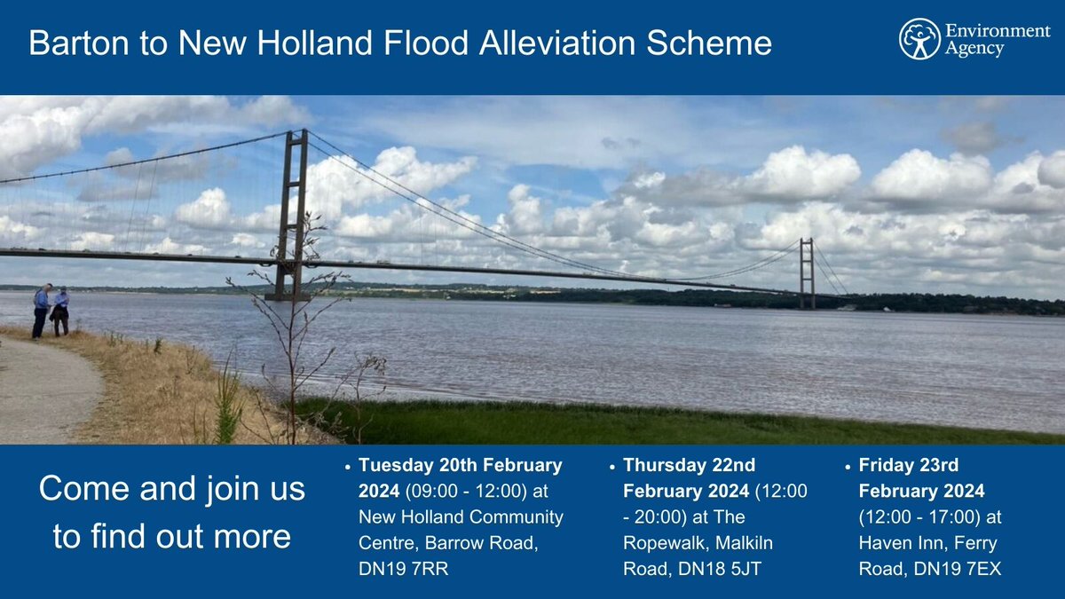 Come and join one of the Humber Teams, at Barton to New Holland Flood Alleviation Schemeto find out more. The events are 20, 22 and 23 February, more details are here... consult.environment-agency.gov.uk/lincolnshire-a…