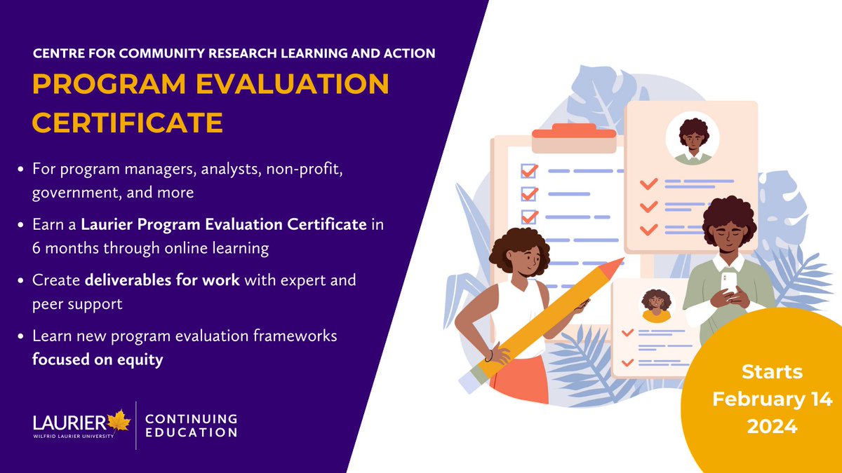 LaurierConEd's tweet photo. Registration for the @Laurier Program Evaluation Certificate closes Feb. 12 and course starts Feb. 14. 

Learn about the theory of program evaluation, gain one-on-one mentorship, and create a program evaluation plan: https://t.co/Qp07oKA5PK https://t.co/gp2Pfxrcwy
