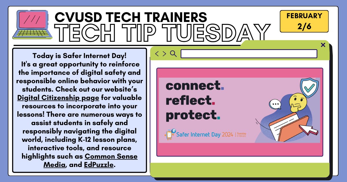 💻🛜 Tech Tip Tuesday 🛜💻

Check out our Digital Citizenship resources for Safer Internet Day 🙂sites.google.com/chino.k12.ca.u…