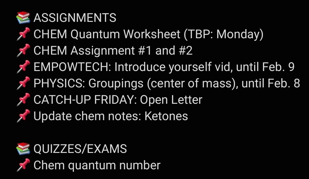jae's to-do list ‧₊˚🖇️✩ ₊˚💻⊹♡

sharing wt u my tasks for this week! also js finished studying for physics so i don't cram it all when a quiz comes up 😞

good night, #studytwtph! 💤