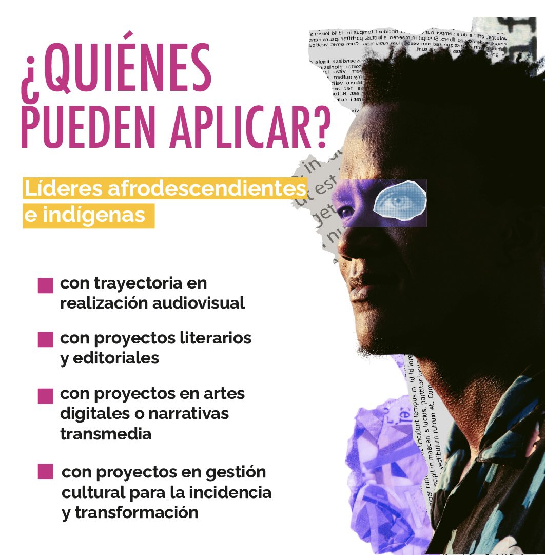 Estamos buscando 35 liderazgos afrodescendientes o indígenas, gestores culturales o creadores en el cine, la literatura y las artes, que le apuesten a cambiar la historia de invisibilidad sistémica de las comunidades étnicas en el país.

¡Inscríbete!
manosvisibles.org/convocatorias/…