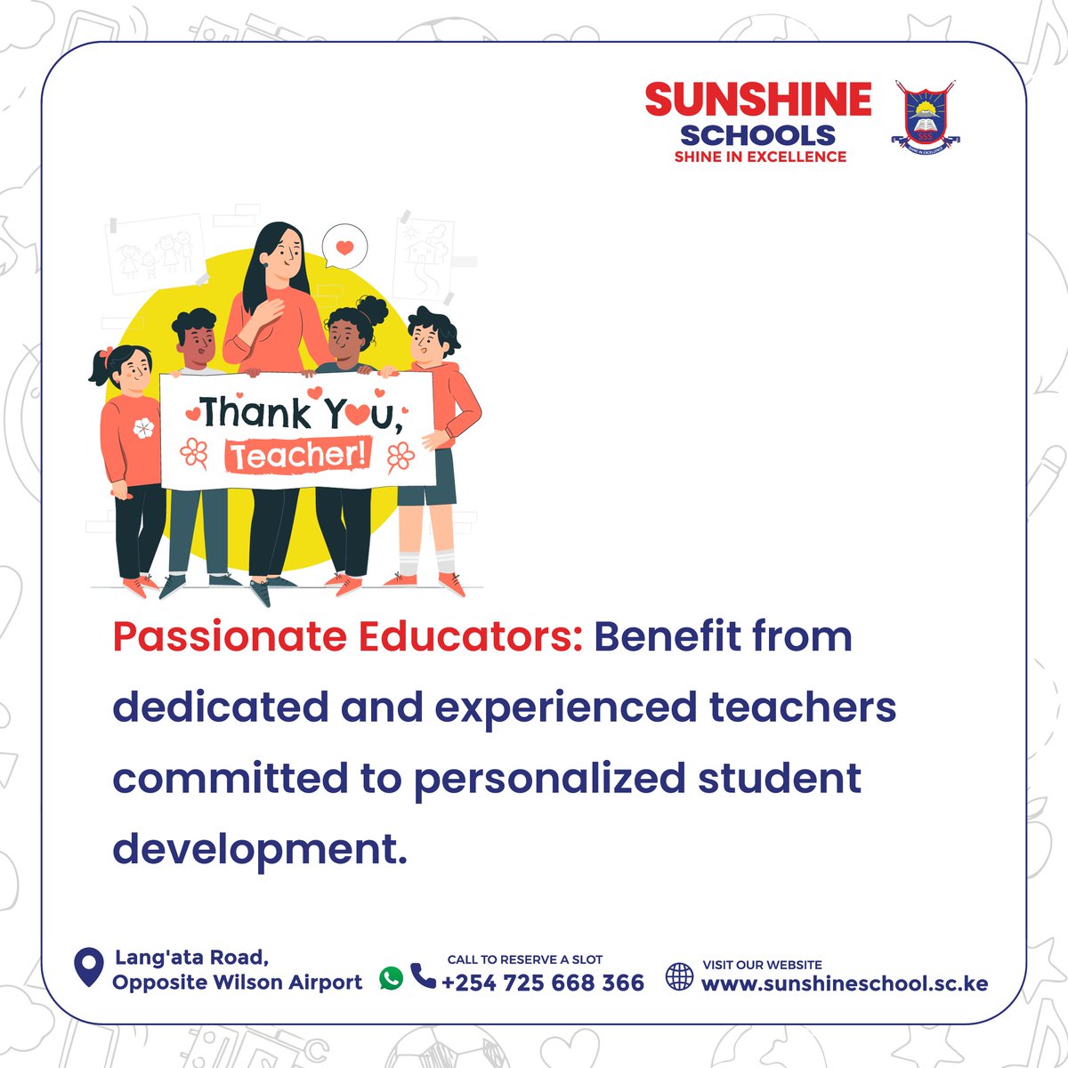 Sunshinescl's tweet photo. Sunshine Schools is not just a school, it's a canvas brimming with endless possibilities! Join the vibrant tapestry of learning at Sunshine Schools. 

Visit our website here. 
https://t.co/fjUabiNJLq
 +254725668366

#SunshineSchools #SSS #SunshinePrimarySchools https://t.co/eMMhbZZJnD