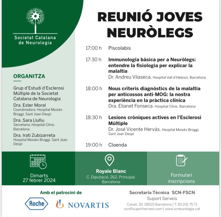 Apunteu a l’agenda: dimarts 27 febrer de 17-19h tindrà lloc la Reunió de Joves Neuròlegs, organitzat pel grup d’Esclerosi Múltiple de la SCN. Us deixem l’enllaç directe per la inscripció: scneurologia.cat/inscripcions-j…