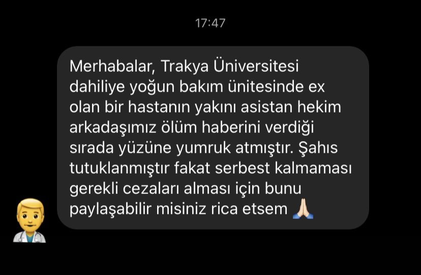 📍Trakya Üniversitesi  Tıp Fakültesi Dahiliye Yoğun bakımda asistan hekim arkadaşım bugün darp edilmiş!