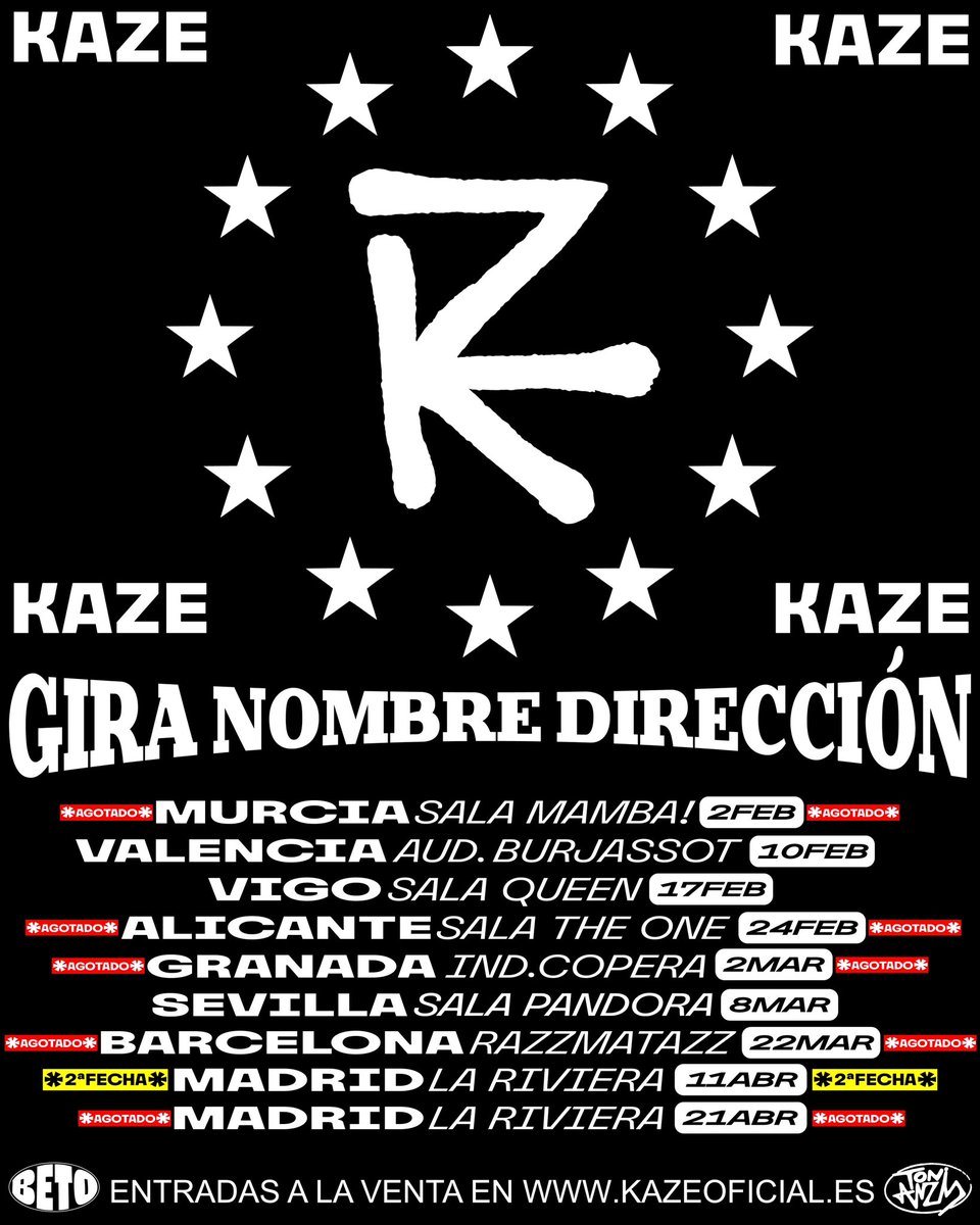 ⚠️ Actualización de Venta de Entradas:

✅ AGOTADAS:

•Murcia: 1300 entradas
•Granada: 1000 entradas
•Madrid: 2200 entradas
•Barcelona: 2100 entradas
•Alicante: 1000 entradas

📅 NUEVA FECHA: Madrid, 11 de Abril

Entradas disponibles en kazeoficial.es
