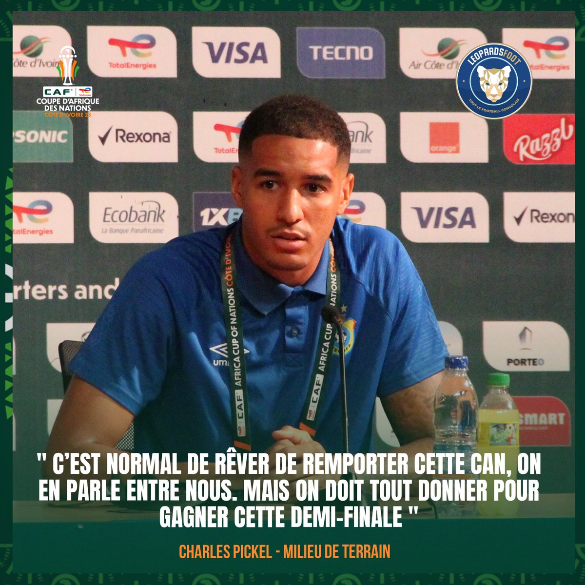 leopardsfoot's tweet photo. 🐆 Charles Pickel en conférence de presse d’avant-match 🇨🇮x🇨🇩🎙️

«  C’est normal de rêver de remporter cette CAN, on en parle entre nous. Maintenant, on doit tout donner pour gagner cette demi-finale »

#CAN2023 #CIVRDC https://t.co/ZdtRKWfSyL