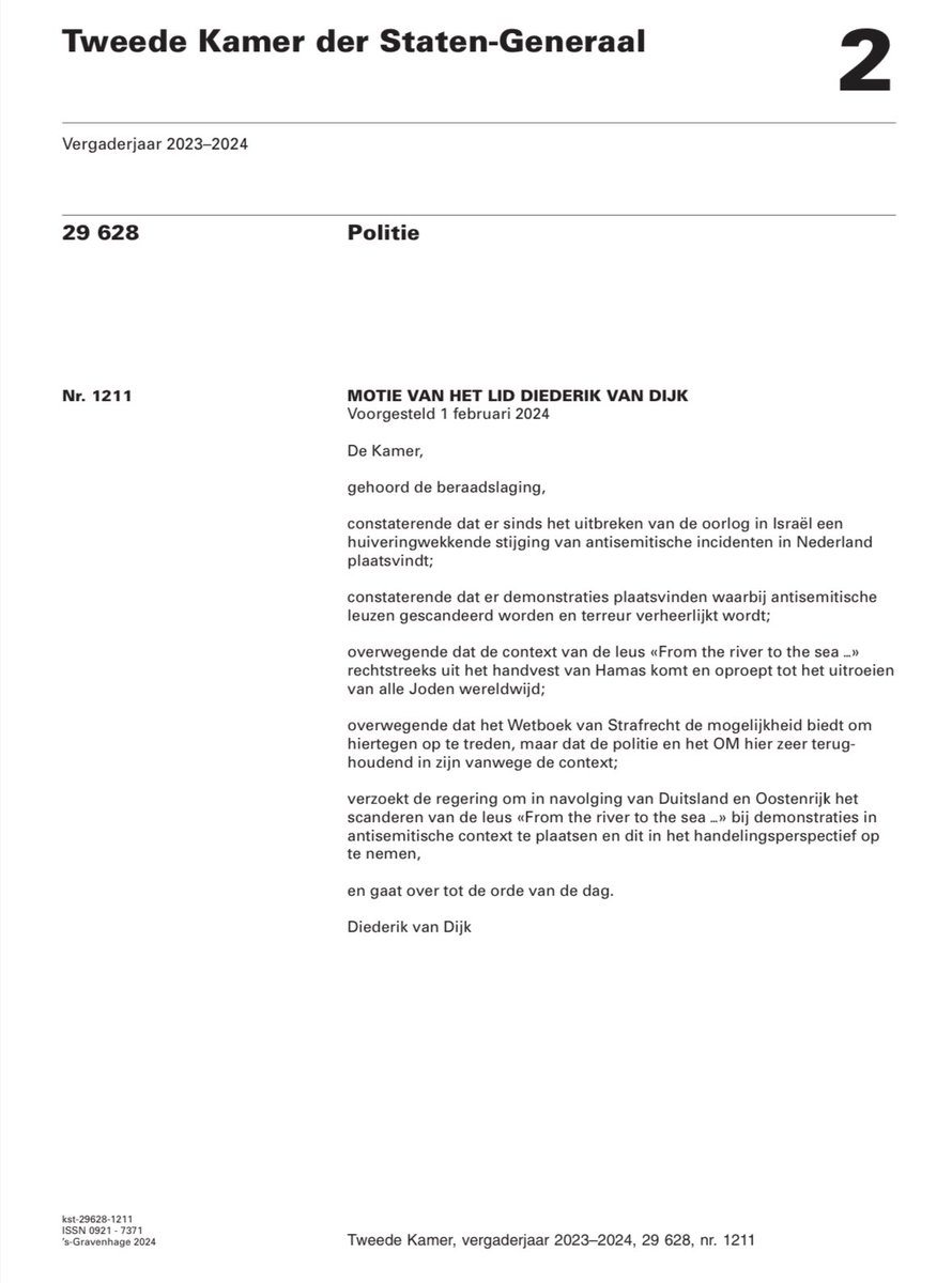 RonnyNaftaniel's tweet photo. Zojuist heeft de Tweede Kamer de motie aangenomen van ⁦@Diederikvandij1⁩ (SGP) waarin de regering wordt opgeroepen de leus “from the river to the sea” bij demonstraties in “de antisemitische context te plaatsen”. 
Voor stemden VVD, PVV, NSC, BBB, CDA, SGP en CU. https://t.co/FWBRc1owNG