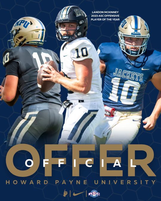 #AGTG After a great conversation with @HPU_CoachVic I am blessed to receive My first football offer from Howard Payne! @coachsadler @LDBailey1024 @CoachHawkKHS @KHSRoosFootball