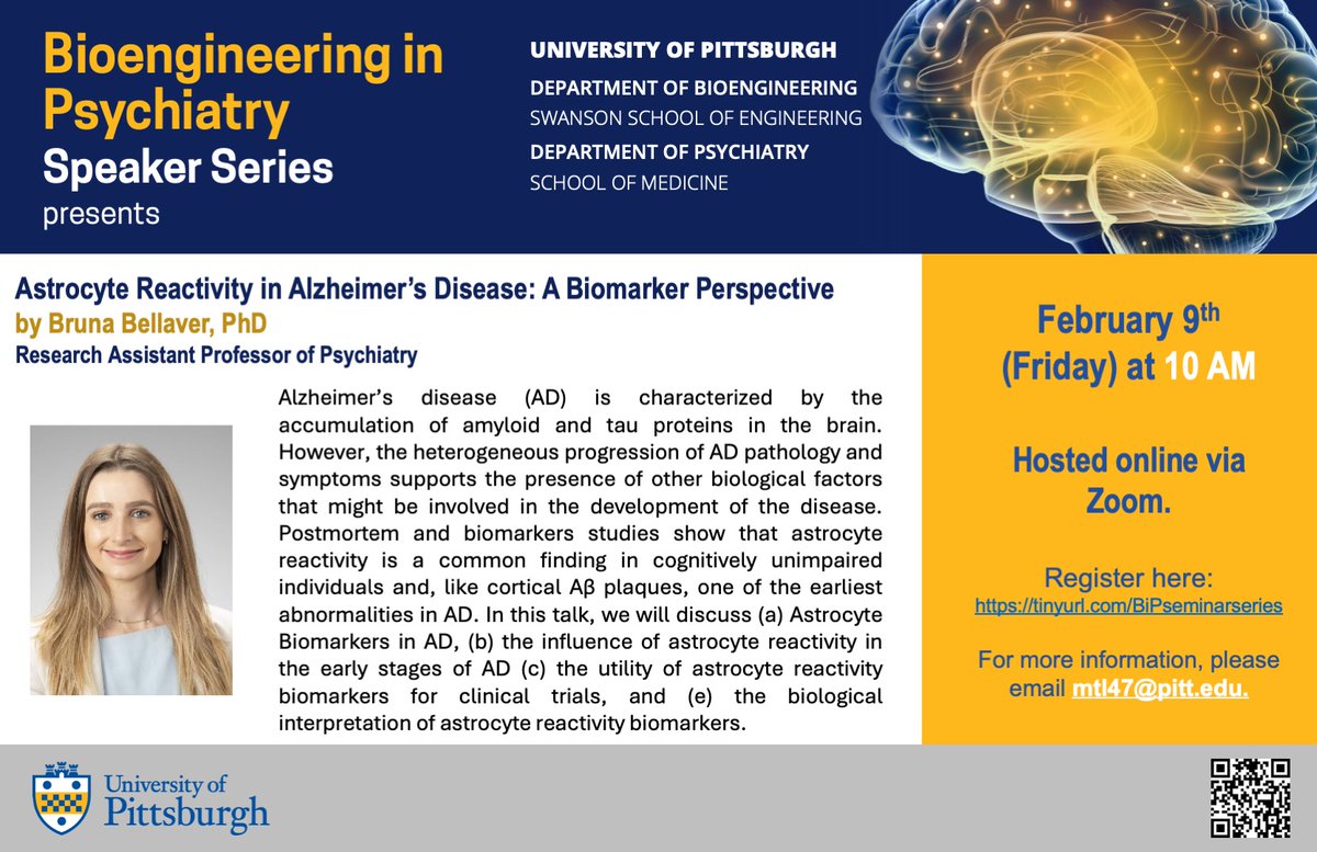 Join us this Friday (2/9) at 10a for the next Bioengineering and Psychiatry Seminar series! Dr. Bellaver will be talking about her exciting research on astrocyte reactivity in Alzheimer's Disease! Register here: tinyurl.com/BiPseminarseri…