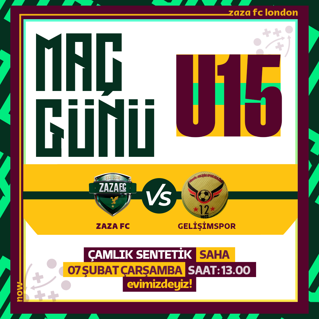U-15 Maça Doğru ⏹

🆚 Rakip: Bingöl Gelişimspor
📅 Tarih: 7 Şubat Çarşamba - 🕖13:00
🏟  Çamlık Sentetik Saha
🏆 U-15 Lig Maçı

@omer_barac_z @aziz_byrm12 @veyselbeltekin1 @zaza_fc_london @zaza_fc_bingol @12bingolspor @zzsportstr @cevatbaracc @bingolamatorgazetesi