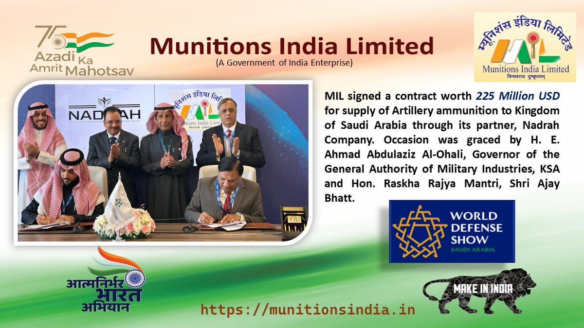 MIL signed a contract worth 225 Million USD for supply of Artillery ammunition to Kingdom of Saudi Arabia through its partner, NadrahCompany. Occasion was graced by H. E. Ahmad Abdulaziz Al-Ohali, Governor of the General Authority of Military Industries, KSA and Hon. RaskhaRajya…