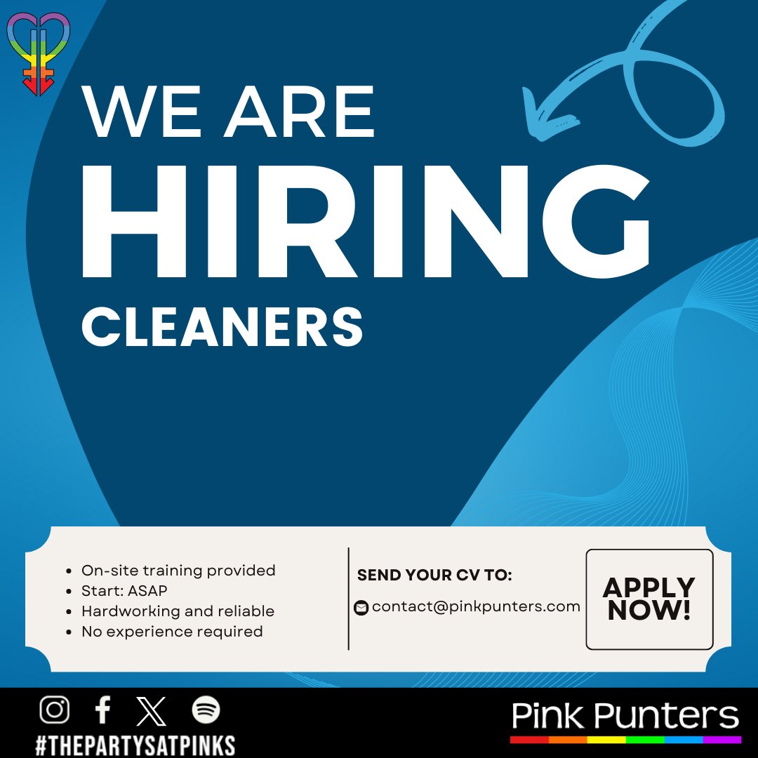New job opening for Cleaners at Pink Punters ! 😎
We're looking to get things rolling ASAP 
E-mail us their CV along with any relevant experience to contact@pinkpunters.com🥳
Thank you for being a part of our community, and we look forward to welcoming new members to our team.💗
