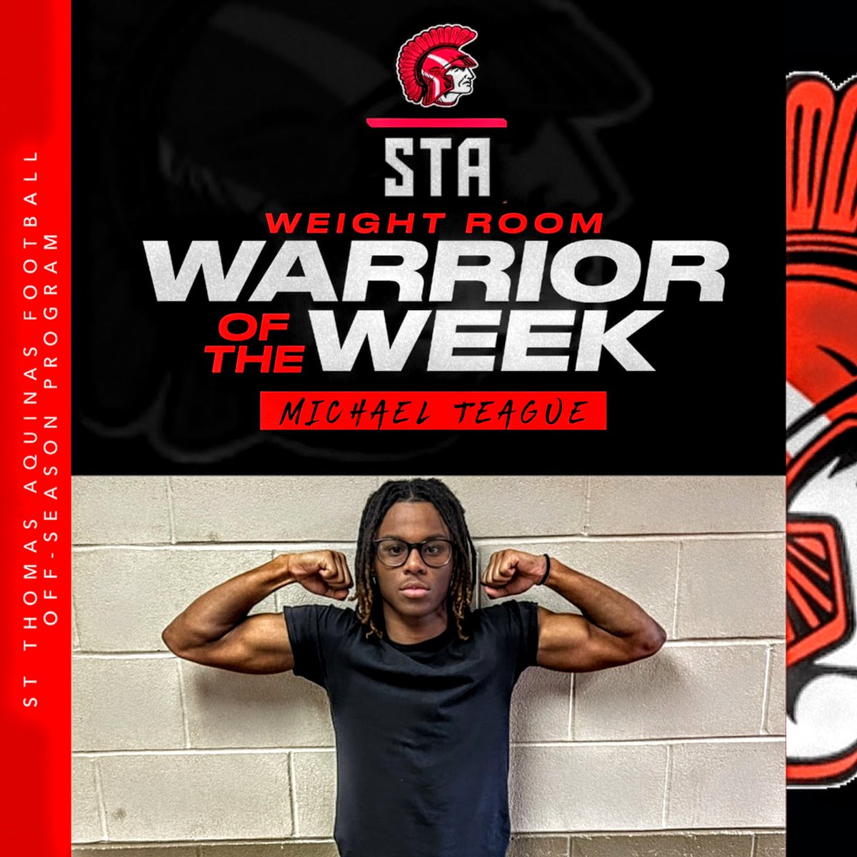Congrats to this weeks Weight Room Warrior, Michael Teague Jr! He is a 5'11' returning CB/WR who has made tremendous strides in the off-season program. He already has gained 5lbs of muscle & is looking to have a huge SR campaign.

#BEGREAT #RecruitSTA #OFFSEASONWORK #weightroom