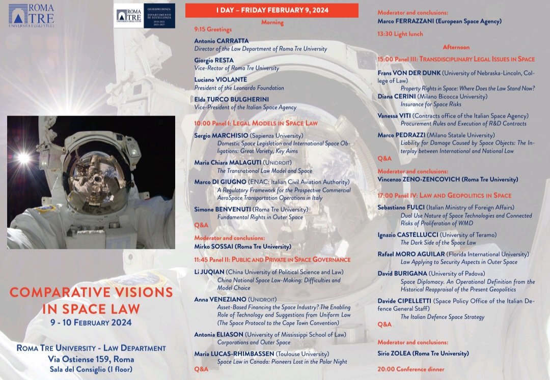 crifratt's tweet photo. -Space Oddity-
Interested in #space law? Join us next Friday&amp;Saturday for Comparative Visions in Space Law with a great lineup of speakers🚀

🗓 February 9-10
🕘 9:15
📍Roma Tre University, Law Department, Sala del Consiglio (Via Ostiense 159, 1st floor) and online. DM for link https://t.co/4M81IXTQD6