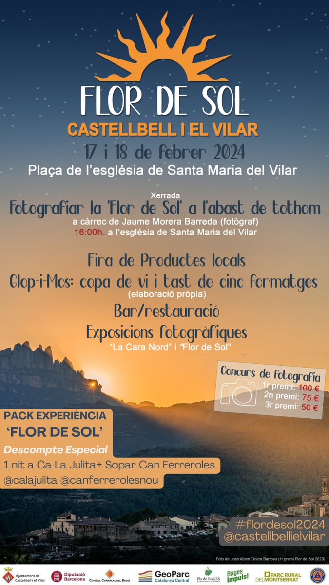 ParcRuralM's tweet photo. 📣Torna #FlordeSol la posta de sol més especial de Catalunya el proper 17 i 18 de febrer al Vilar.
Gaudeix del pack experiència #FlordeSol 🌄 i dels productes locals 🍇🍷🧀
📅 Dissabte i diumenge, 17 i 18 de febrer
🕒 16h- 20h
📍 Plaça de l’església de Santa Maria del Vilar https://t.co/sHk2SG3W0S