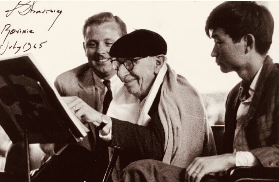 Composer Igor Stravinsky smiling next to a young Seiji Ozawa in 1965. #music #composers