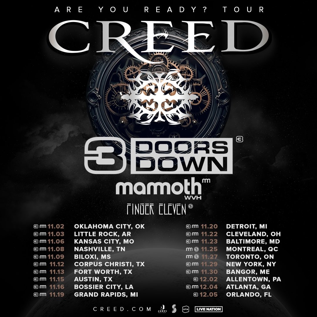 🤟🏻Creed Nation! YOU asked for more dates, WE brought it! Get ready for the Are You Ready? Tour with 3 Doors Down and Mammoth WVH! Artist presale starts at 12pm ET today with code HIGHER. Tickets on sale worldwide this Friday, 2/9 @ 10am local. Creed.com