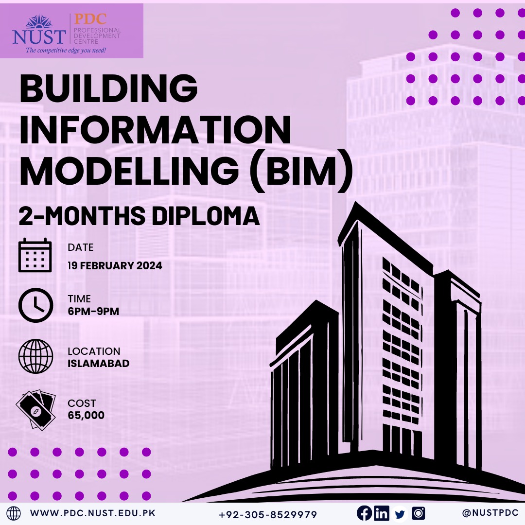 NUST PDC is thrilled to launch the much-awaited 'Building Information Modelling (BIM)' course. Start your transformative journey on February 19th, every Monday from 6 pm - 9 pm, for a comprehensive 2-month program mastering BIM Register at:  t.ly/I2HyT #nustpdc #BIM