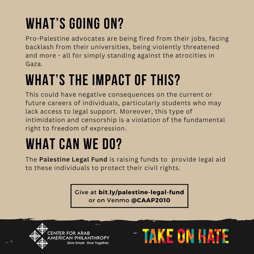 Will you stand with pro-Palestine advocates’ right to speak up against the atrocities in Gaza? 🍉Give funds to support legal aid for advocates by donating at centeraap.org/palestine-lega… #Palestine #Gaza @takeonhate